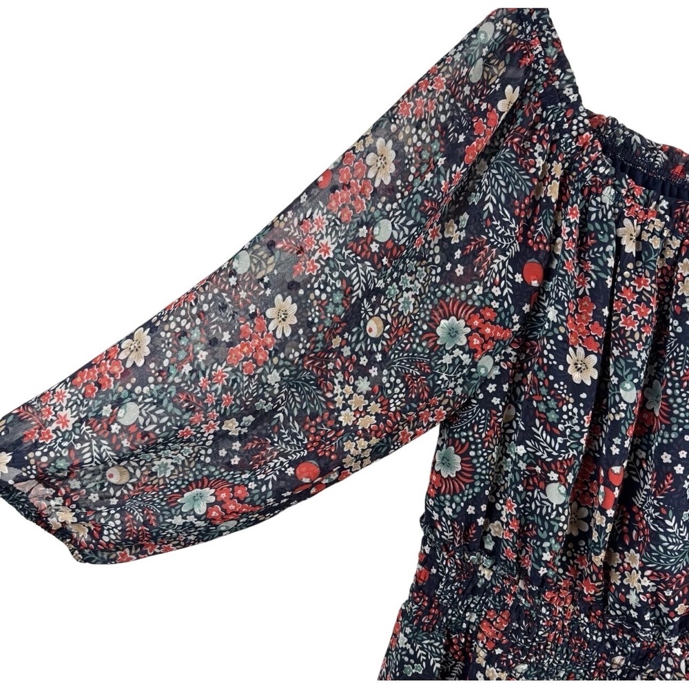 Ryan Michelle Floral Dress Womens PXL Navy Red Smocked Waist Tiered Ruffle - Picture 3 of 6